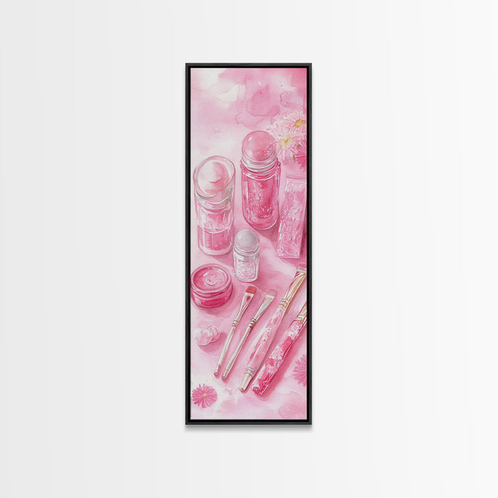 Pastel Pink Beauty Tools Canvas Print Feminine Wall Art Light Pink Bathroom Decor Makeup Lover Rustic Vertical Artwork Girly