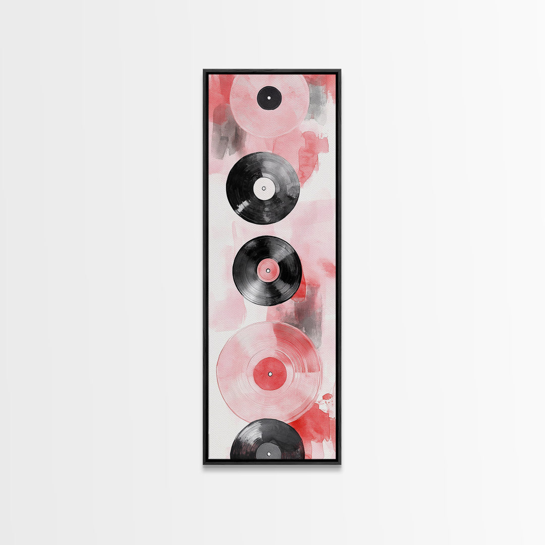Abstract Vinyl Records Canvas Print, Retro Music Lover Wall Art, Light Pink Minimalist Art, Vertical Skinny Living Room Decor