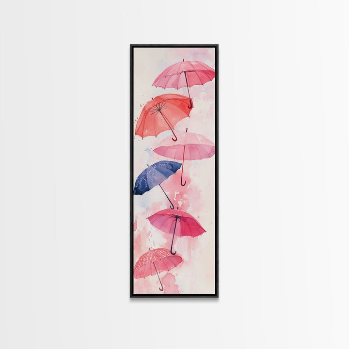 Vibrant Umbrellas Framed Canvas Print in Pink Orange Wall Art Style Perfect Whimsical Vertical Art for Dorm or Playful Decor