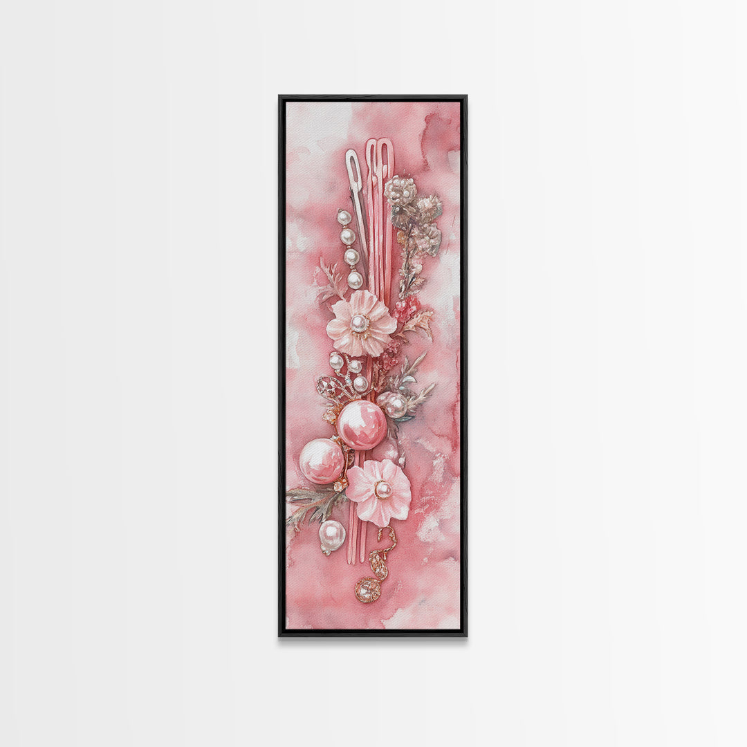 Elegant Pink Pearl Hair Accessories Framed Canvas Print with Whimsical Art Touch for Feminine and Minimalist Decor