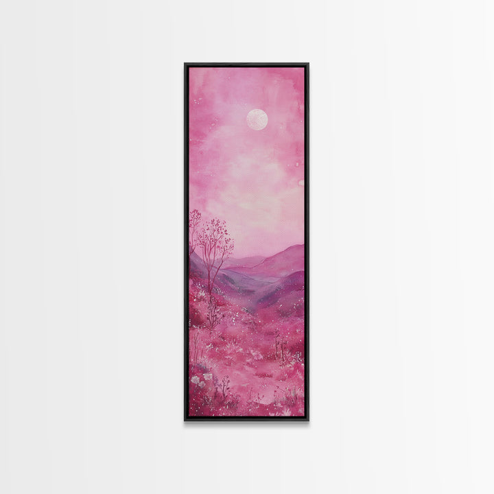Mystical Pink Moon Framed Canvas Print with Wildflower and Mountain Painting Perfect Moody Landscape Art for Living Room