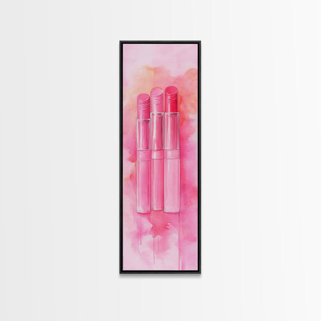 Light Pink Lipsticks Framed Canvas Print, Modern Whimsical Art, Abstract Vertical Art for Makeup Room or Girly Dorm Wall Decor