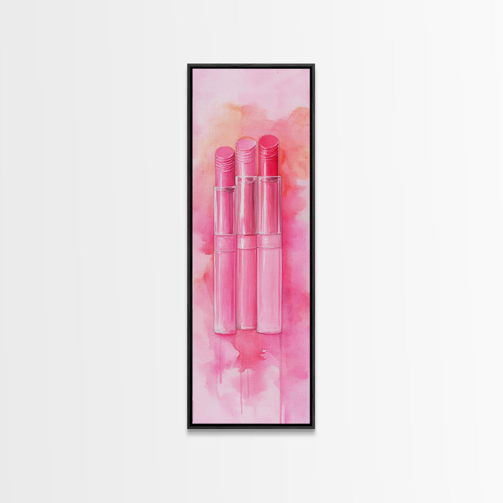 Light Pink Lipsticks Framed Canvas Print, Modern Whimsical Art, Abstract Vertical Art for Makeup Room or Girly Dorm Wall Decor