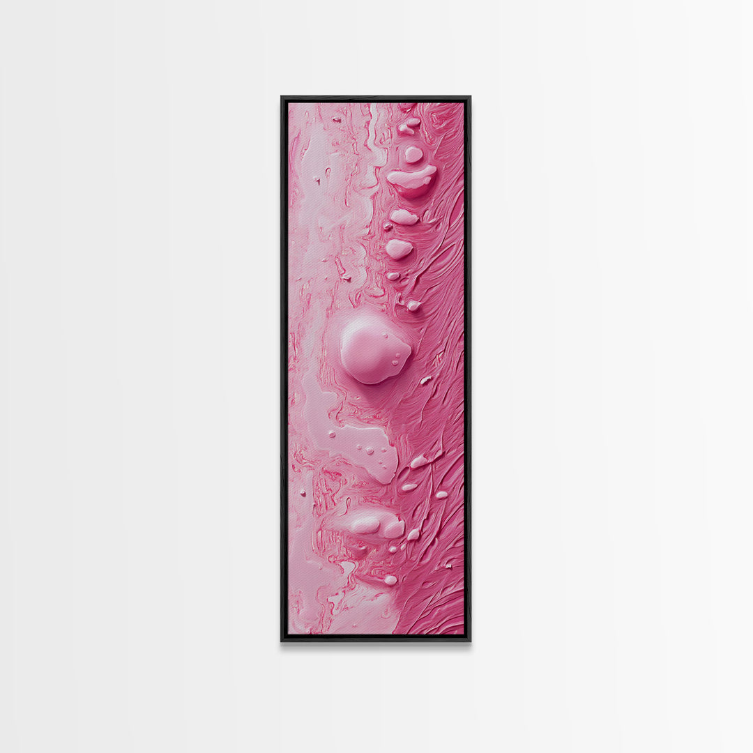 Pink Texture Abstract Framed Canvas Print, Minimalist Blotter Art in Light Pink Tones, Skinny Wall Art for Modern Bedroom or Office