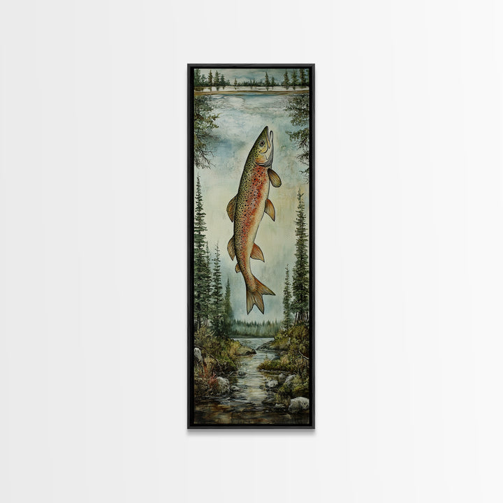 Trout In Mountain Scene Framed Canvas Print Rustic Landscape Art Fly Fishing Wall Art Skinny Wall Art Tall Vertical Decor