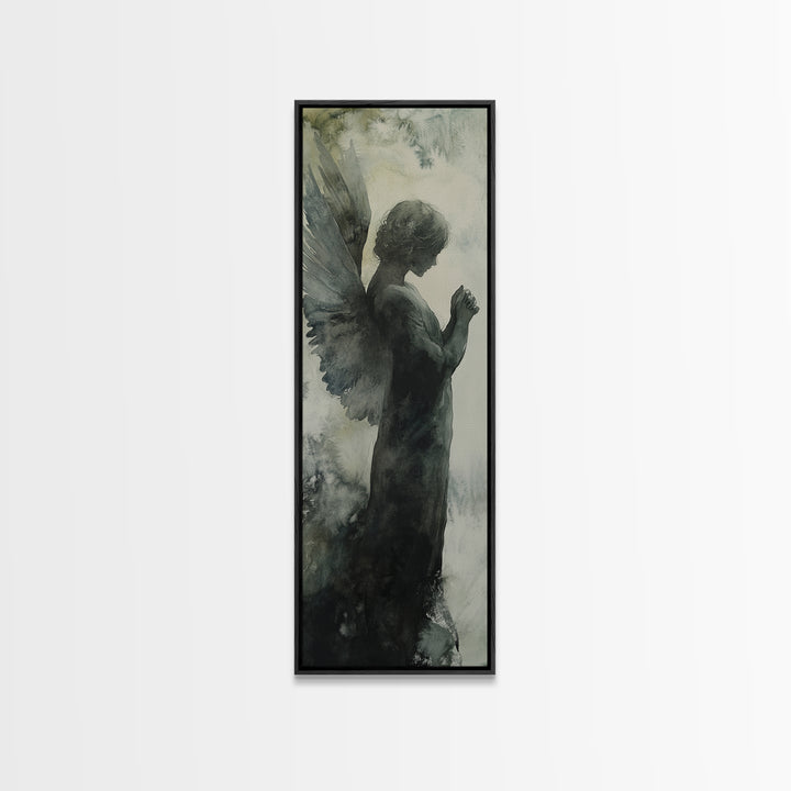 Watercolor Angel Canvas Print with Elegant Moody Design, Dark Angels Wall Art Gift Idea, Vertical Bedroom Zen Art Piece
