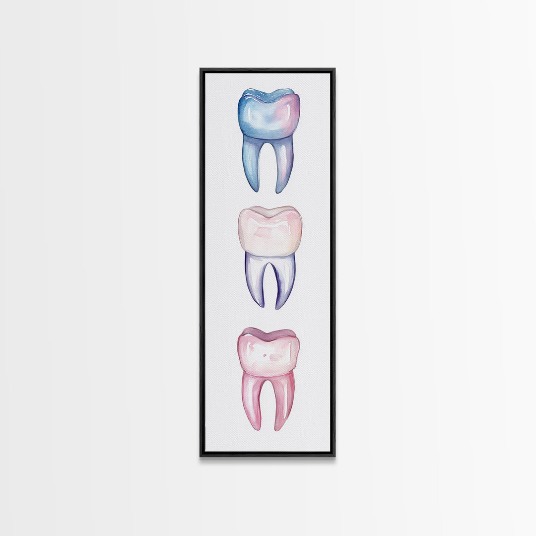 Whimsical Rainbow Teeth Canvas Print, Dentist Office Vertical Wall Art, Vibrant Dental Art Print for Gift Ideas