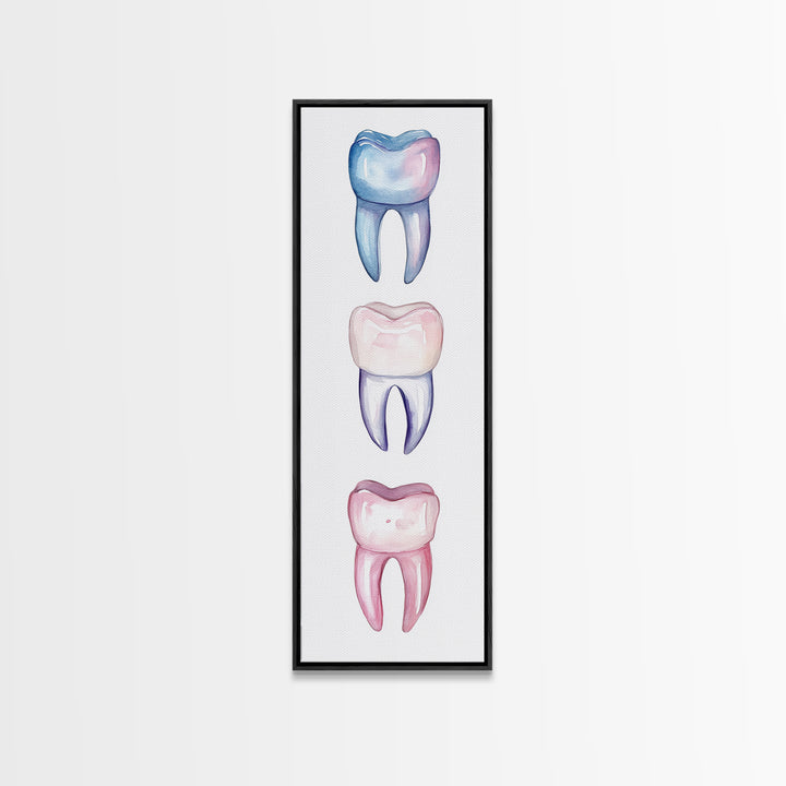 Whimsical Rainbow Teeth Canvas Print, Dentist Office Vertical Wall Art, Vibrant Dental Art Print for Gift Ideas