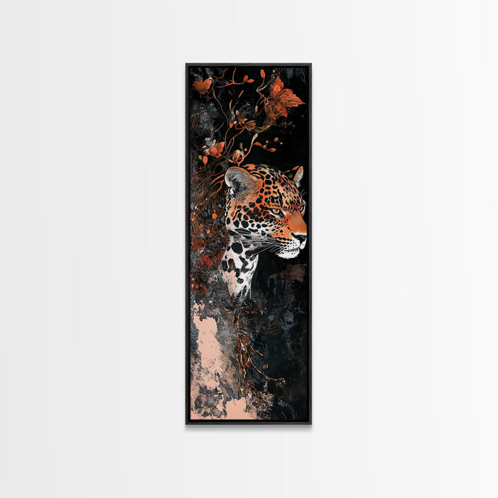 Floral and Leopard Canvas Print with Moody Art Style, Unique Animal Wall Art and Vertical Skinny Art Living Room Decor