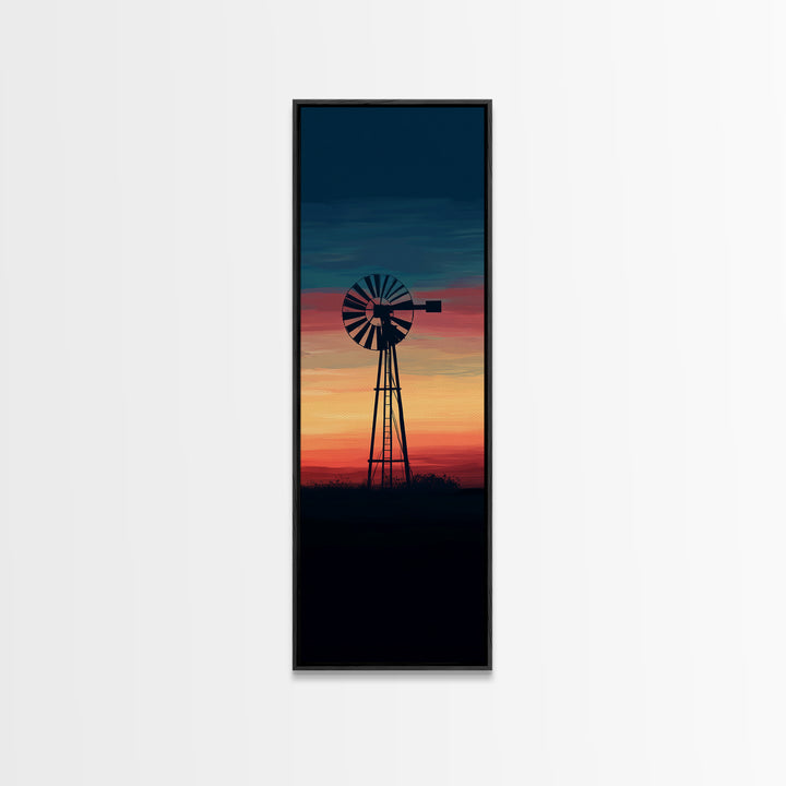 Canvas Print Moody Sunset Windmill Wall Art, Vertical Rustic Decor, Tall Narrow Farmhouse Artwork, Gift Idea for Living Room