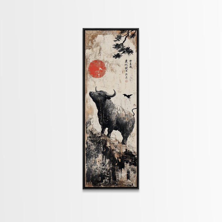 Rustic Buffalo Art Canvas Print, Wabi Sabi Minimalist Decor, Red Sun Vertical Art, Farmhouse Living Room Rustic Wall Artwork