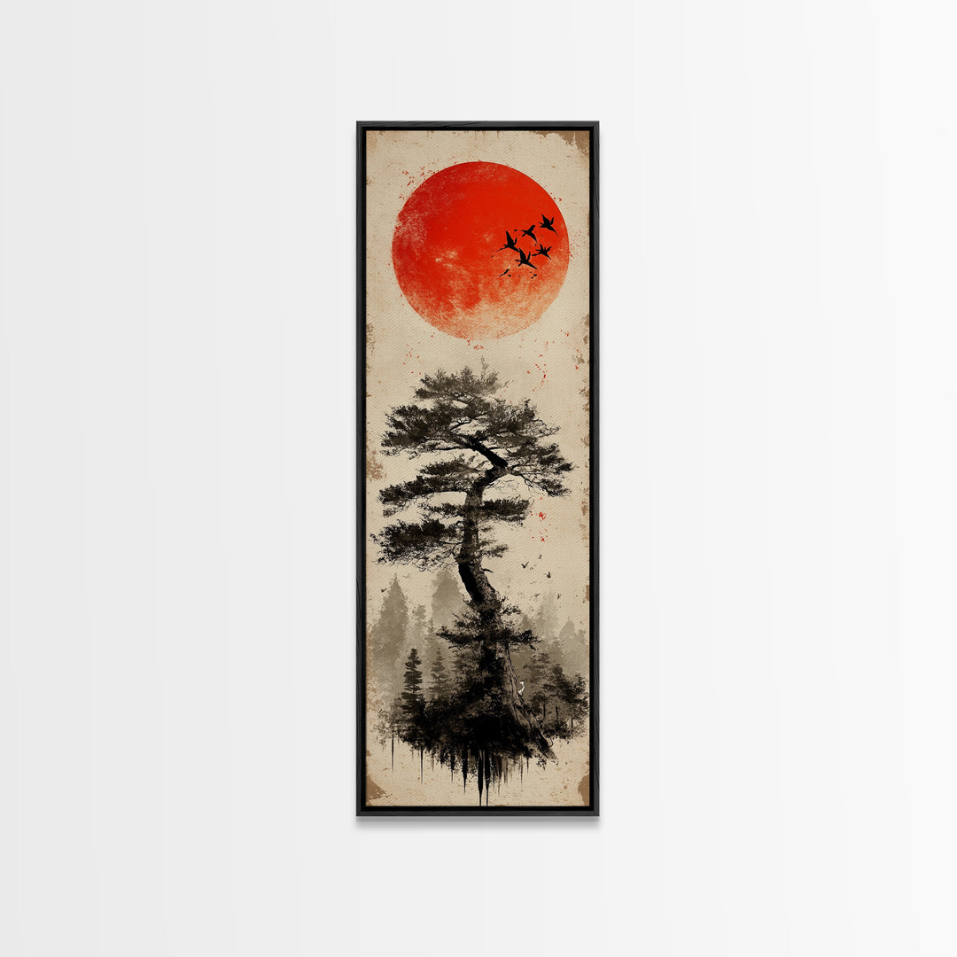 Bold Red Sun Pine Tree Framed Canvas Print Japanese Inspired Minimalist Wall Art Rustic Zen Decor Unique Vertical Nature Artwork