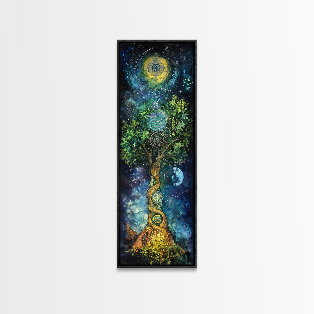 Celestial Tree Canvas Print With Cosmic Sacred Geometry Art, Whimsical Night Sky Scene, Panoramic Art Ideal Above Sofa Wall Decor