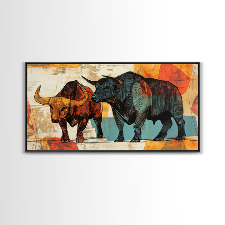 Abstract Bull Duo Framed Canvas Print Rustic Wall Art Geometric Bull Art Living Room Decor Bull and Bear Art Rustic Farmhouse Art
