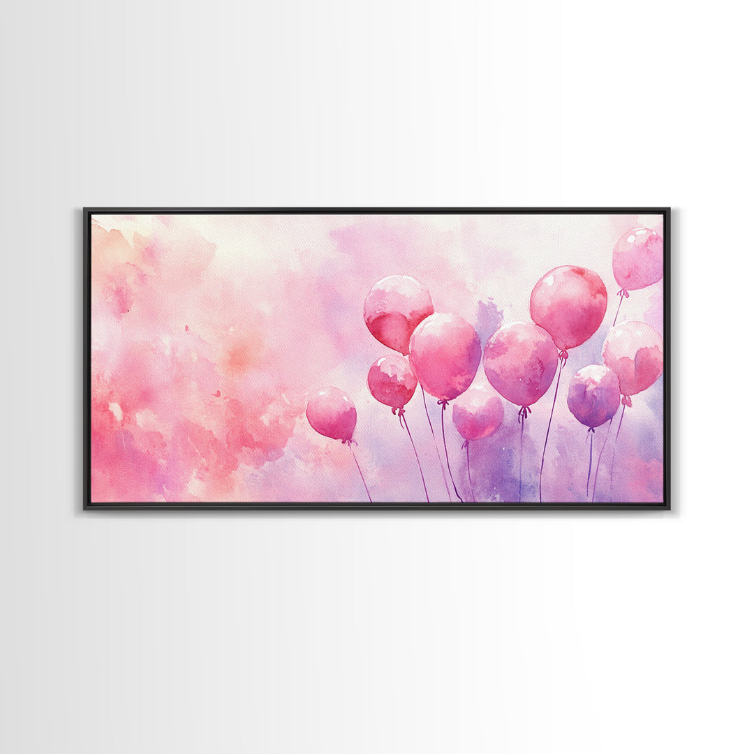 Pink Balloons Painting Framed Canvas Print, Whimsical Art Light Pink Wall Decor, Extra Wide Horizontal Wall Art Rustic Art Gift