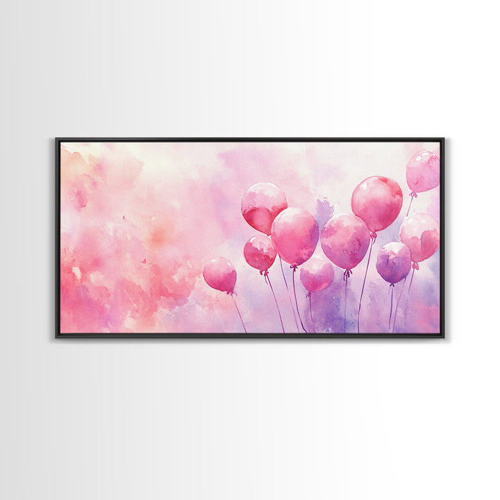 Pink Balloons Painting Framed Canvas Print, Whimsical Art Light Pink Wall Decor, Extra Wide Horizontal Wall Art Rustic Art Gift
