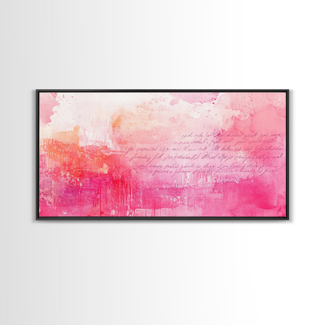 Abstract Pink Writing Framed Canvas Print, Light Pink Wall Art Chinoiserie Whimsical Decor, Rustic Wall Art Horizontal Gift Idea