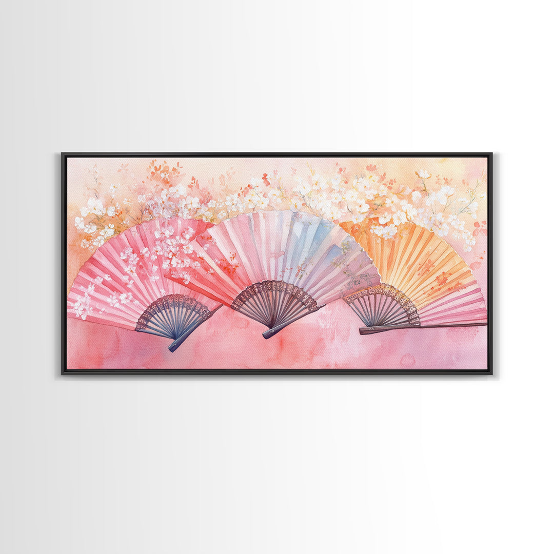 Cherry Blossom Fan Canvas Print Japanese Inspired Art Framed Pink Orange Wall Art Long Narrow Skinny Bedroom Rustic Spring Decor