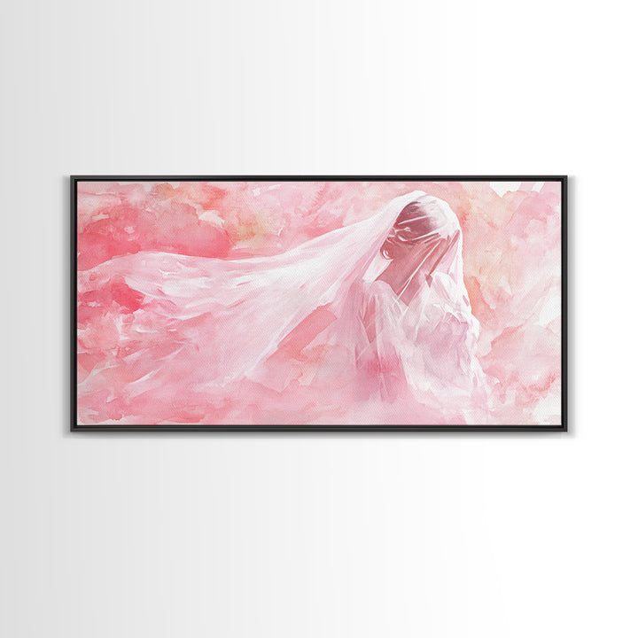 Delicate Veiled Woman Canvas Print Light Pink Wall Art Feminine Minimalist Art Bedroom Decor Above Bed Boho Art Gift Idea