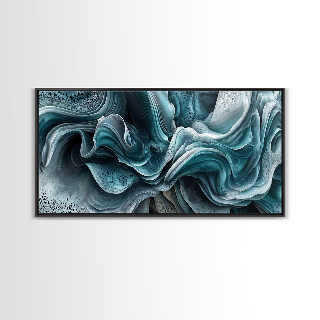 Blue Textured Wave Art Framed Canvas Print, Geometric Wall Art, Abstract Coastal Art, Sage Green Wall Art, Bedroom Art, Vertical Wall Art