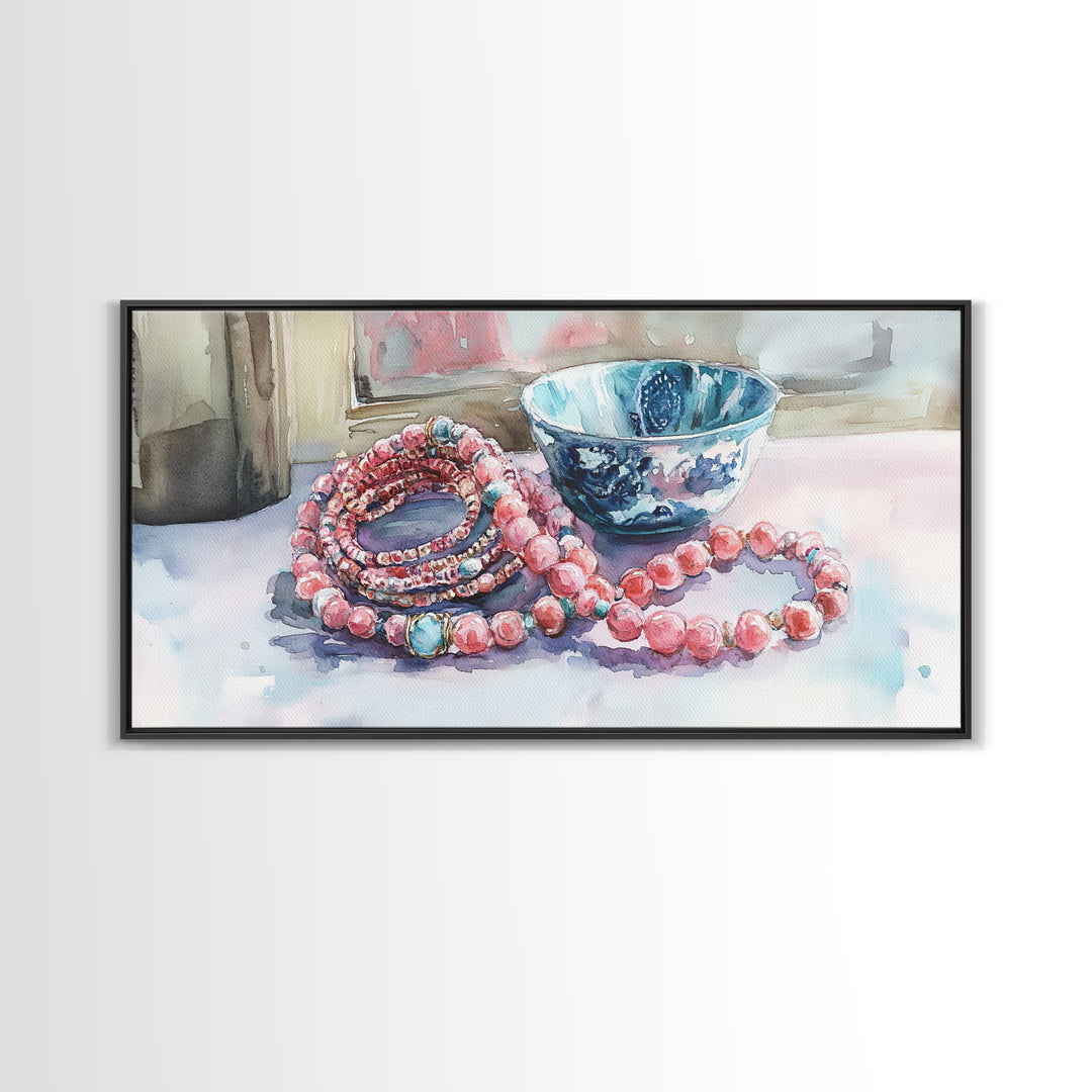 Beaded Necklace Canvas Print | Whimsical Boho Jewelry Wall Art | Pink and Blue Pastel Artwork | Feminine Room Decor | Gift Idea for Her