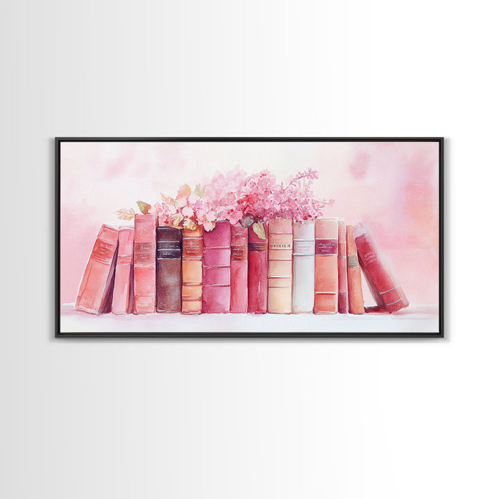 Vintage Book Stack Canvas Print | Botanical Pastel Wall Art | Cottagecore Library Decor | Feminine Reading Room Artwork | Gift Idea for Her