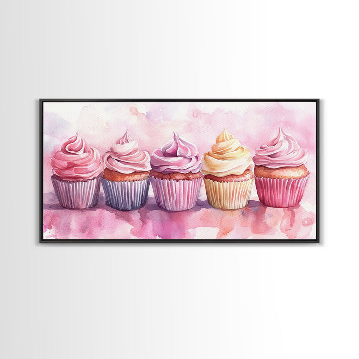 Cupcake Row Canvas Print | Whimsical Sweet Treats Wall Art | Kitchen Dessert Artwork | Pastel Food Lover's Decor | Light Pink Whimsical Art