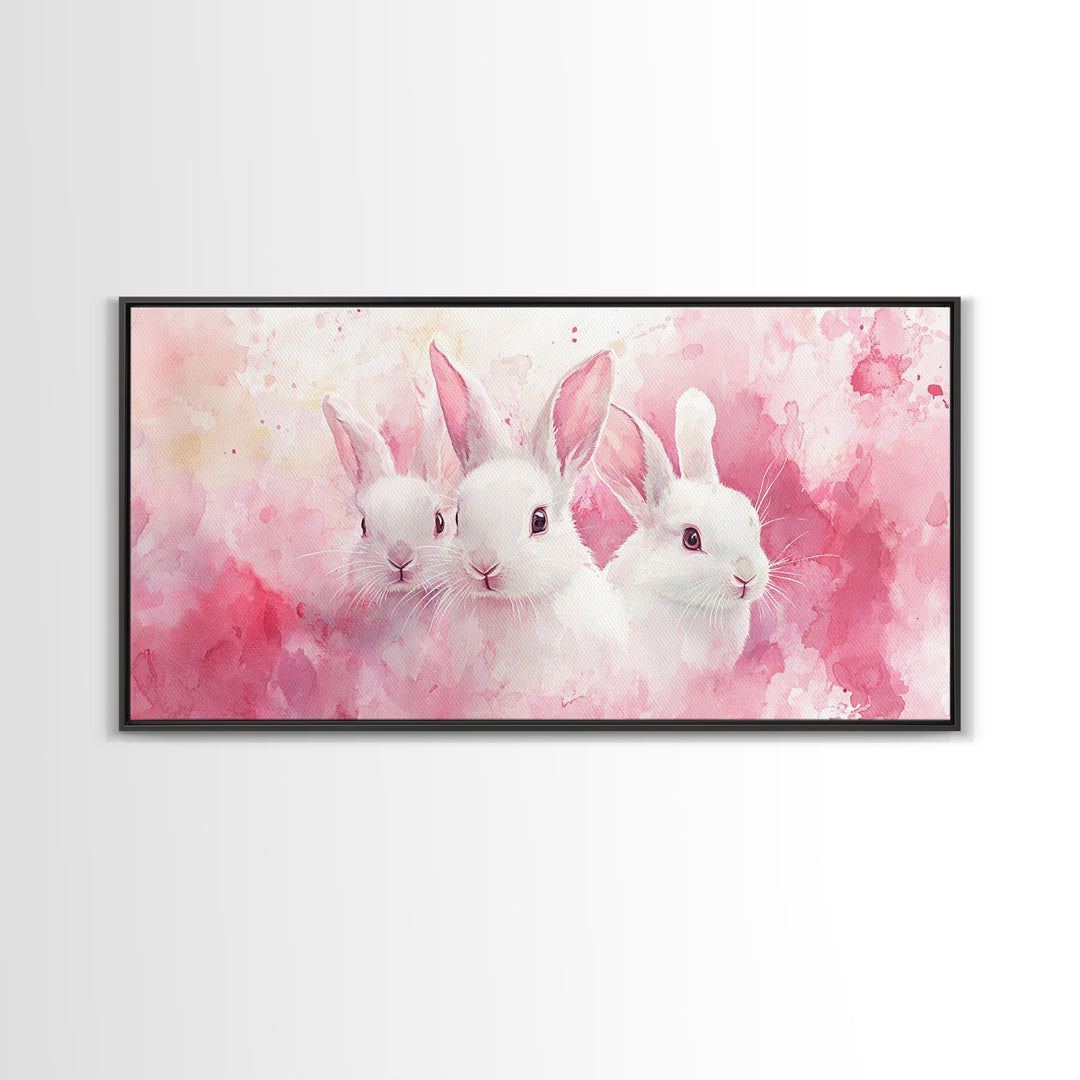Three Bunnies Canvas Print, Adorable Pink Abstract Art Featuring Rabbits, Whimsical Nursery Wall Decor or Easter Themed Art