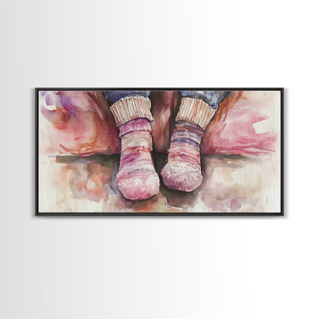 Cozy Socks Canvas Print, Rustic Light Pink and Warm Toned Painting, Whimsical Art as Fall Decor for Bedroom or Lounge Area