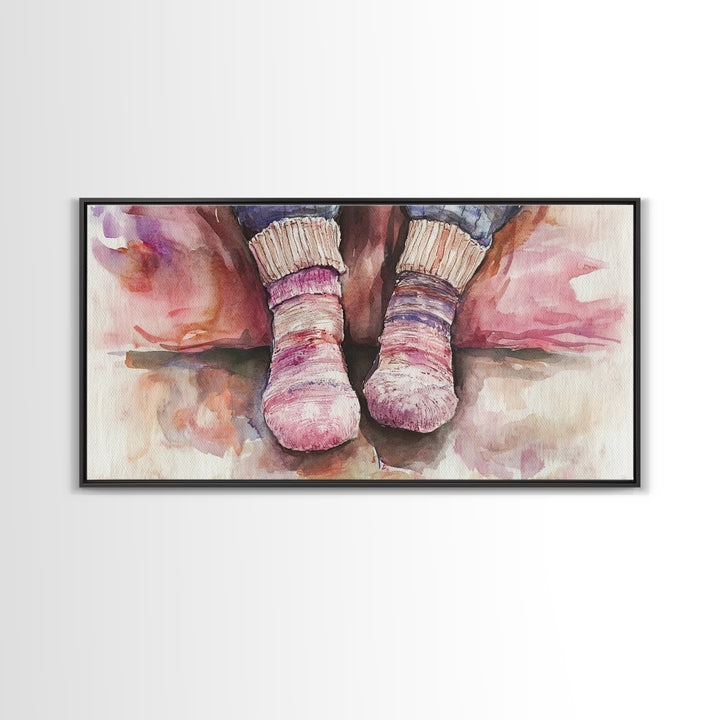 Cozy Socks Canvas Print, Rustic Light Pink and Warm Toned Painting, Whimsical Art as Fall Decor for Bedroom or Lounge Area