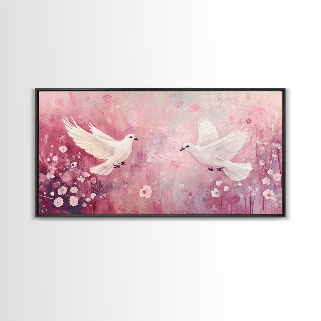 Romantic Doves Framed Canvas Print, Whimsical Pink and White Wall Art, Cherry Blossom Painting, Bedroom or Living Room Gift Idea