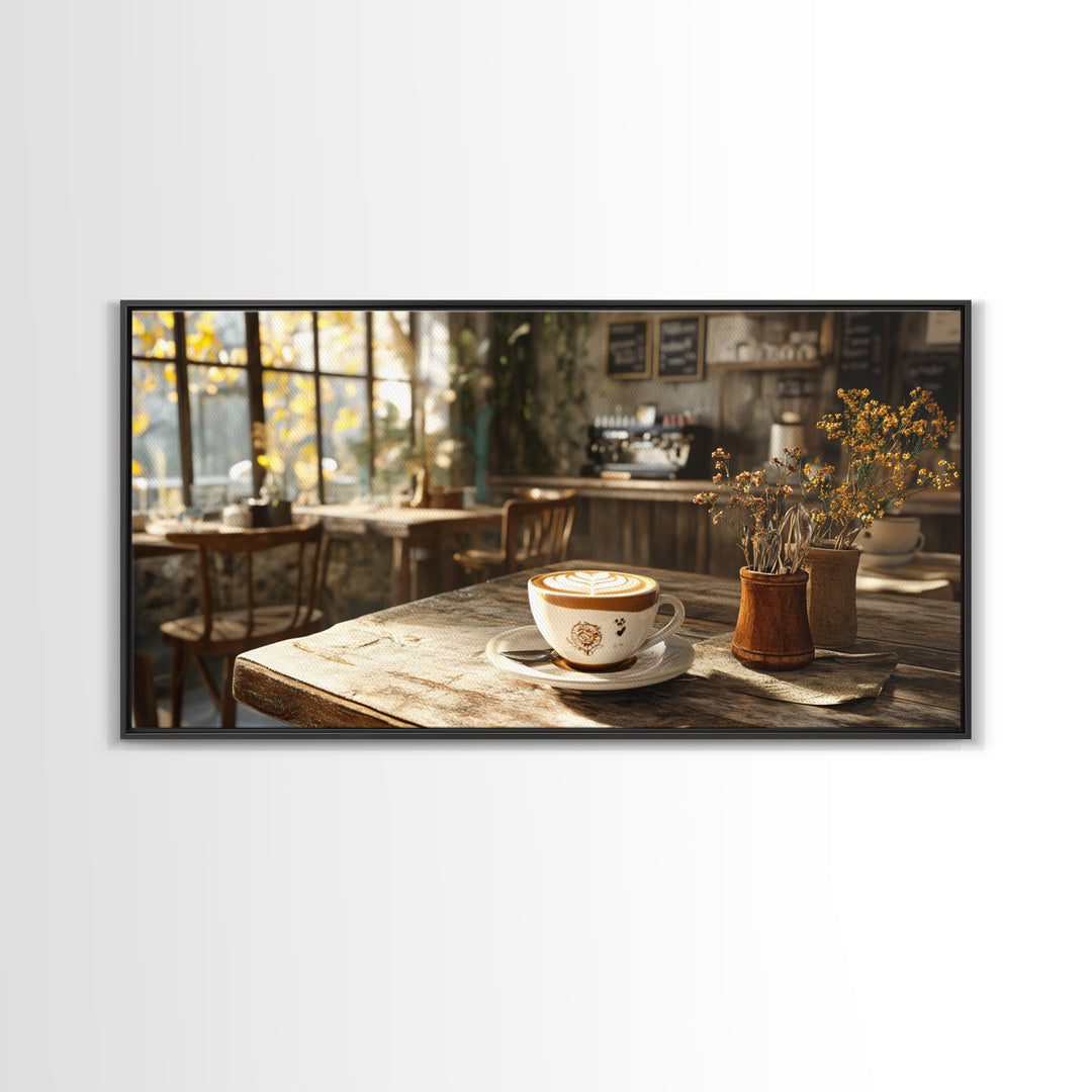 Cozy Cafe Latte Framed Canvas Print - Coffee Wall Art Kitchen Decor - Rustic Farmhouse Style Food Review Art - Gift Idea Her