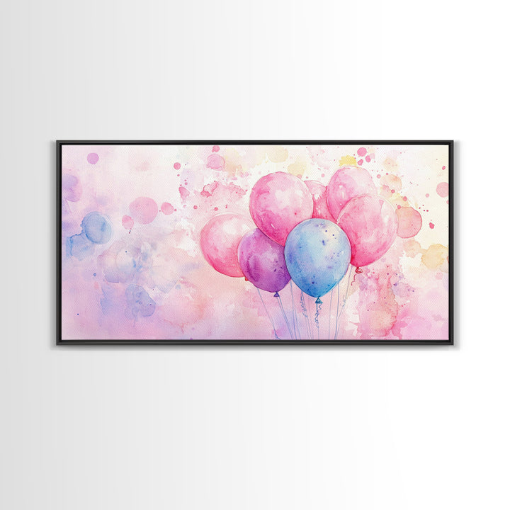 Balloon Cluster Canvas Print | Whimsical Art, Light Pink and Blue Wall Art, Birthday Decor, Pastel Wall Art, Playroom Art, Living Room Decor