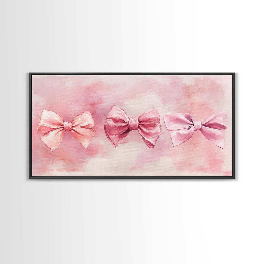 Bow Tie Trio Painting with Pink Orange Wall Art Aesthetic Framed Canvas Print, Whimsical Art Bedroom or Living Room Decor