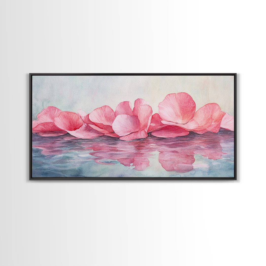 Delicate Rose Petals Reflected in Water Pink Wall Art on Framed Canvas Print, Romantic Bedroom or Living Room Accent Art