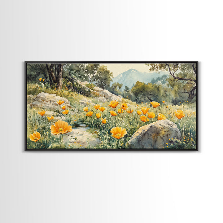 California Poppy Art Landscape Framed Canvas Print Wildflower Wall Art Rustic Decor Above Sofa Living Room Art Gift Idea