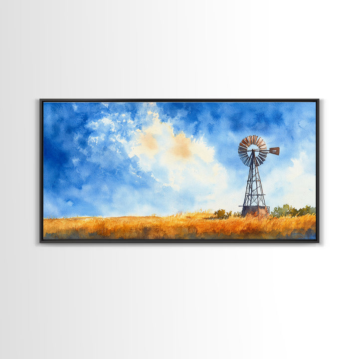 Bright Blue Sky Windmill Framed Canvas Print Rustic Farmhouse Art Horizontal Artwork Ideal Above Sofa Unique Living Room Wall Decor