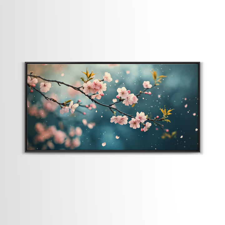 Blossoming Cherry Branch Framed Canvas Print Japanese Style Rustic Decor Great Gift Idea Botanical Prints Beautiful Bedroom Wall Art