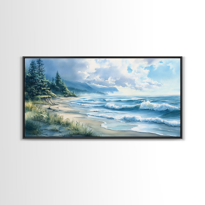 Canvas Print of Misty Coastal Morning Landscape with Rolling Waves, Nautical Wall Art Gift Idea, Serene Coastal Decor