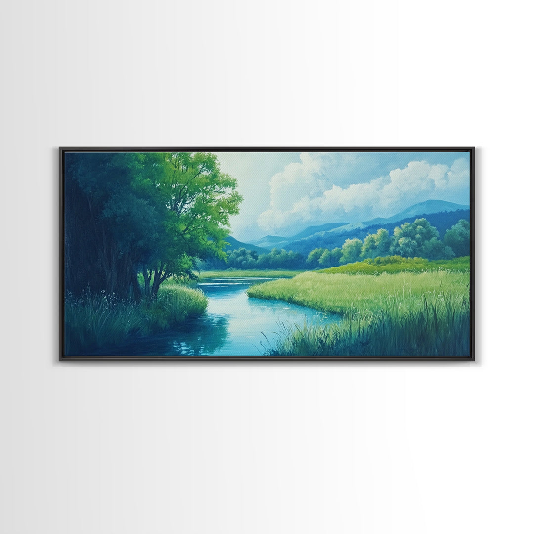 Canvas Print of Serene Green Valley and River Landscape, Rustic Wall Art, Gift Idea for Nature Lovers and Rustic Home Decor