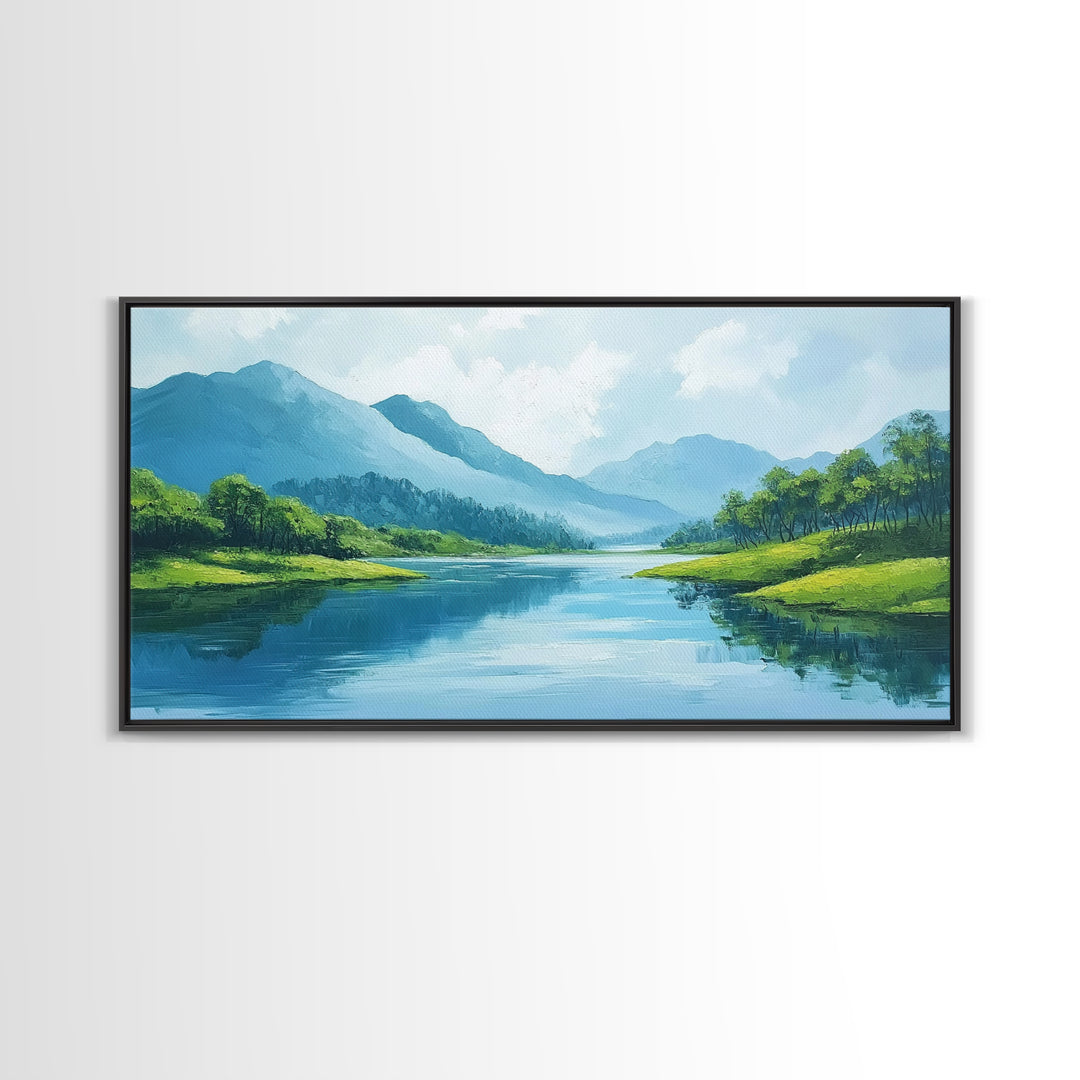Blue Landscape Framed Canvas Print, Smoky Mountain Art Above Sofa Decor, Coastal Painting Gift Idea Living Room Horizontal Wall Art