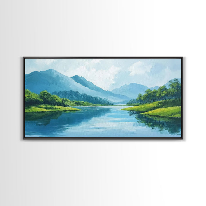 Blue Landscape Framed Canvas Print, Smoky Mountain Art Above Sofa Decor, Coastal Painting Gift Idea Living Room Horizontal Wall Art