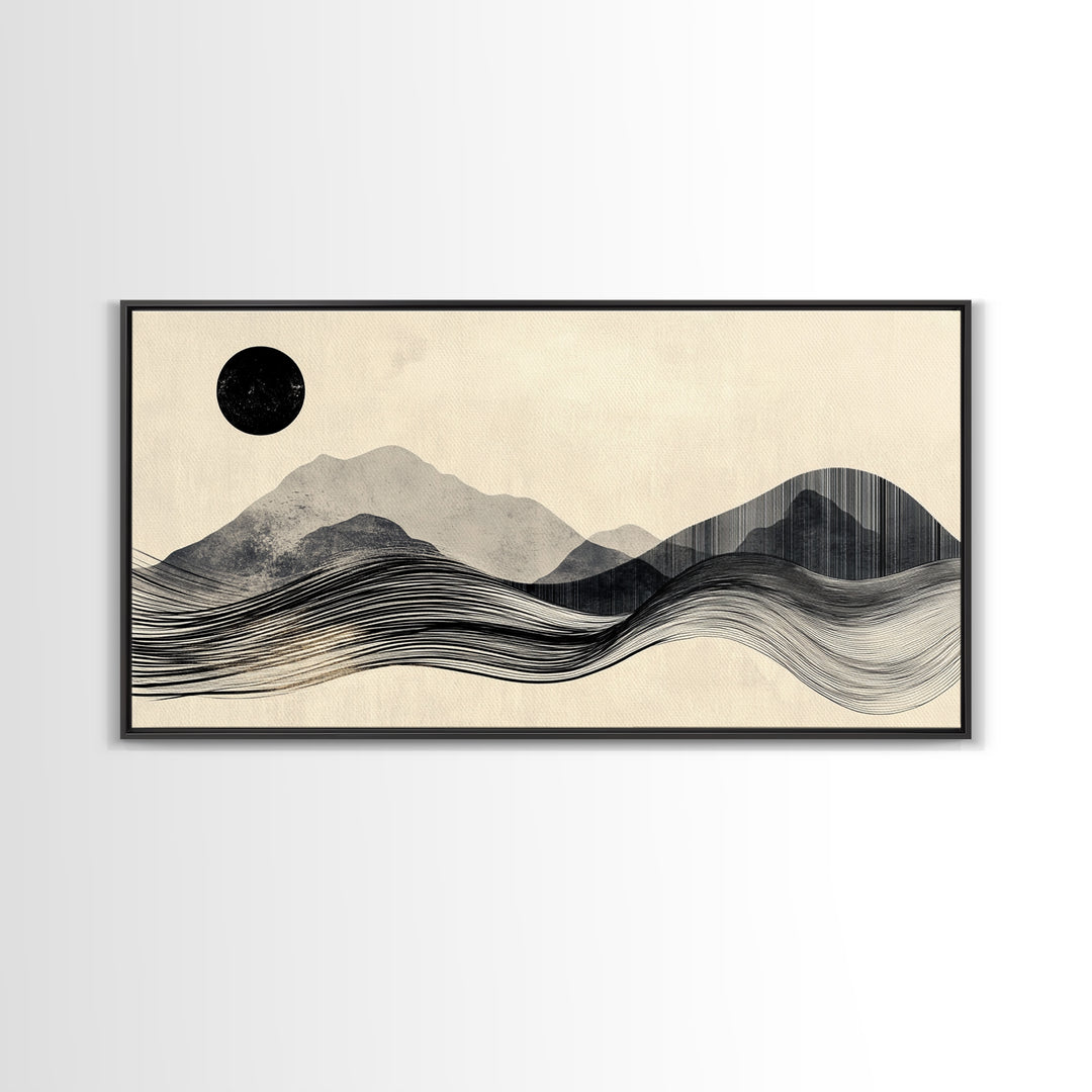 Abstract Mountain Landscape Framed Canvas Print, Wabi Sabi Wall Art Minimalist Decor, Rustic Line Art Idea Bedroom Artwork Vertical Design