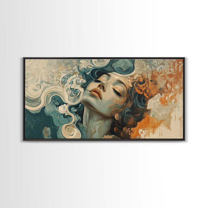 Art Nouveau Framed Canvas Print Featuring Goddess Art and Botanical Prints Beautiful Feminine Inspired Bedroom or Guest Room Art