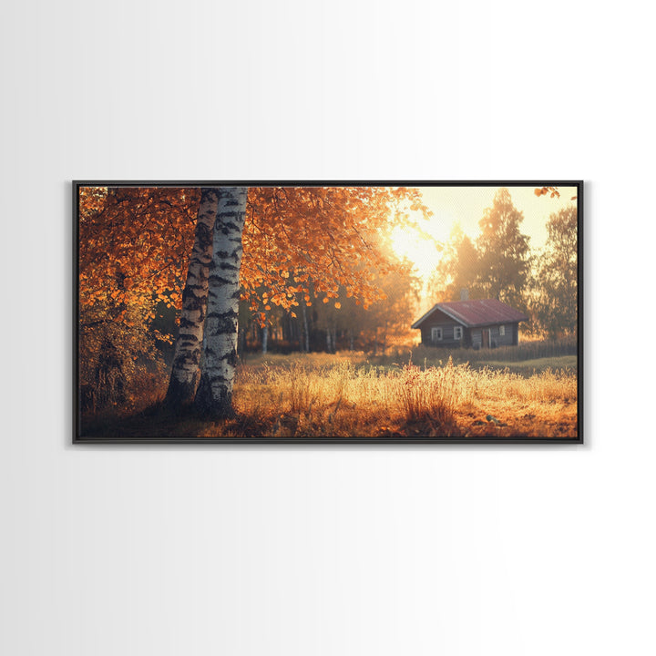 Cozy Autumn Cabin Framed Canvas Print with Fall Landscape Painting and Farmhouse Art Above Couch Art Living Room Rustic Decor