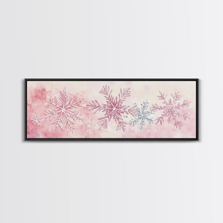 Hand-Painted Snowflake Art Canvas Print, Christmas Rustic Winter Wall Decor, Light Pink Abstract Artwork, Cozy Living Room Art Gift