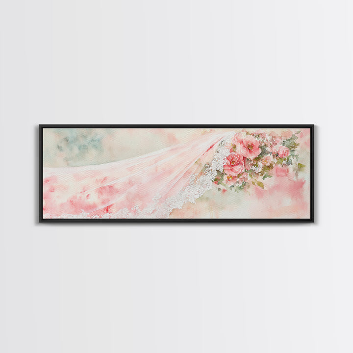 Romantic Rose Painting Canvas Print Featuring Bridal Lace, Botanical Prints Ideal Bedroom Art or Wedding Gift Idea
