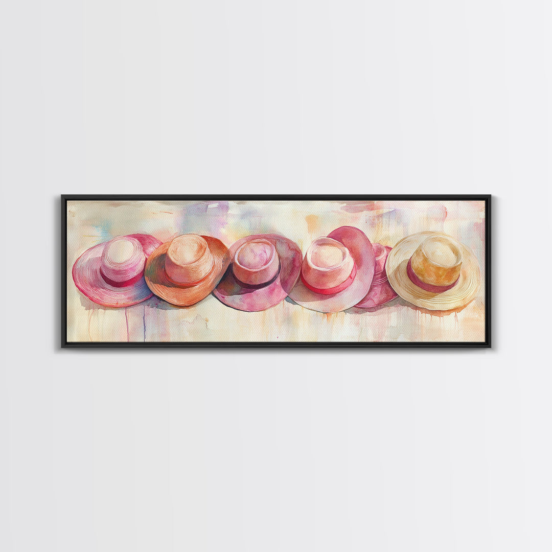 Pink Hats Wall Art Canvas Print Pearlescent Elements, Minimalist Abstract Artwork, Perfect Addition to Feminine Rustic Decor
