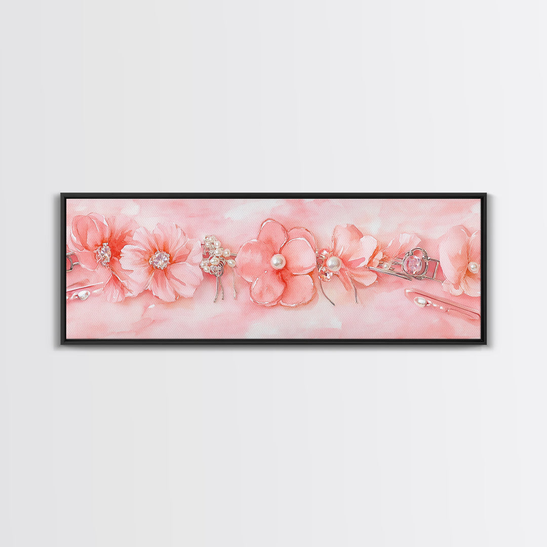 Cherry Blossom Canvas Print with Delicate Pearl Accents, Romantic Light Pink Wall Art for Bedroom or Coastal Wedding Decor