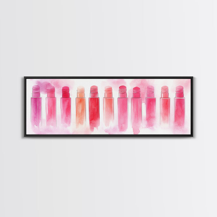 Pink Abstract Art Framed Canvas Print Featuring Lip Gloss Collection, Feminine Living Room Artwork, Boho Dorm Decor Gift Idea